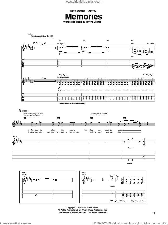 Memories sheet music for guitar (tablature) by Weezer and Rivers Cuomo, intermediate skill level
