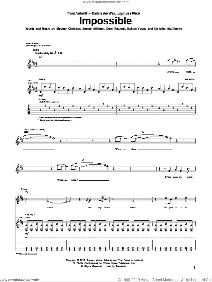 Impossible sheet music for guitar (tablature) by Anberlin, Christian McAlhaney, Deon Rexroat, Joseph Milligan, Nathan Young and Stephen Christian, intermediate skill level