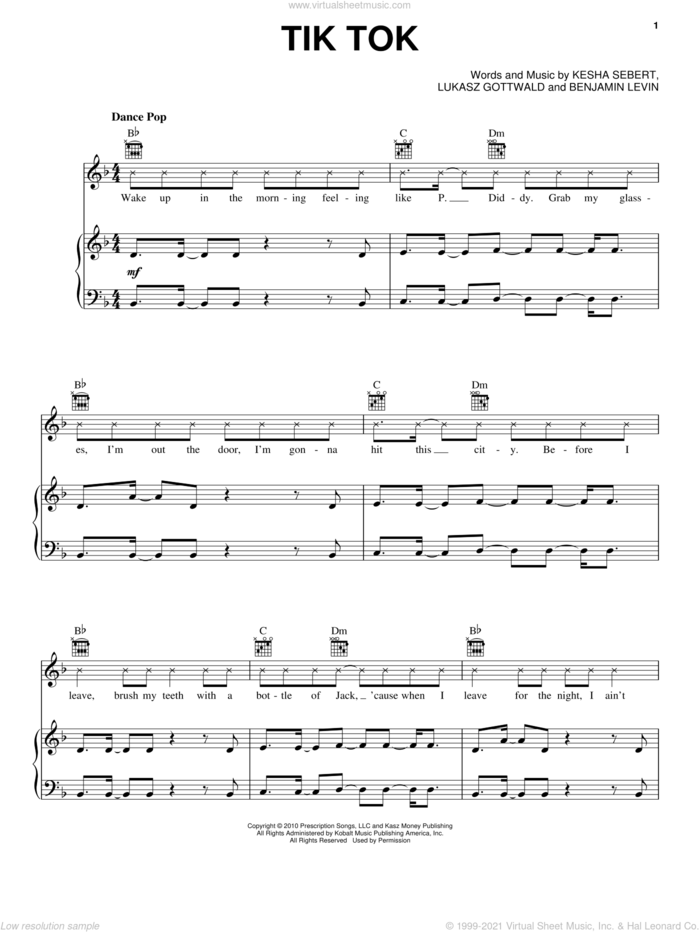 Tik Tok sheet music for voice, piano or guitar by Kesha, Benjamin Levin, Kesha Sebert and Lukasz Gottwald, intermediate skill level