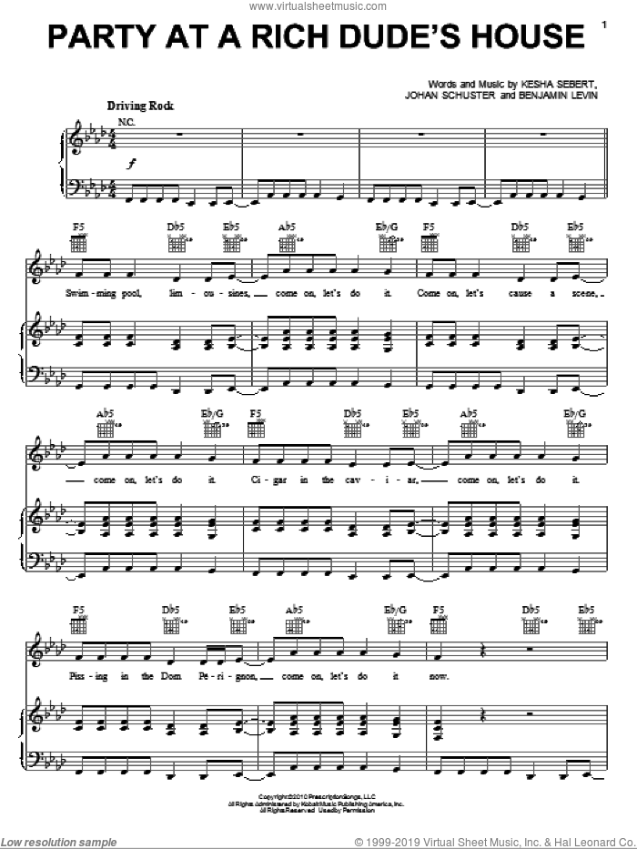 Party At A Rich Dude's House sheet music for voice, piano or guitar by Kesha, Benjamin Levin, Johan Schuster and Kesha Sebert, intermediate skill level