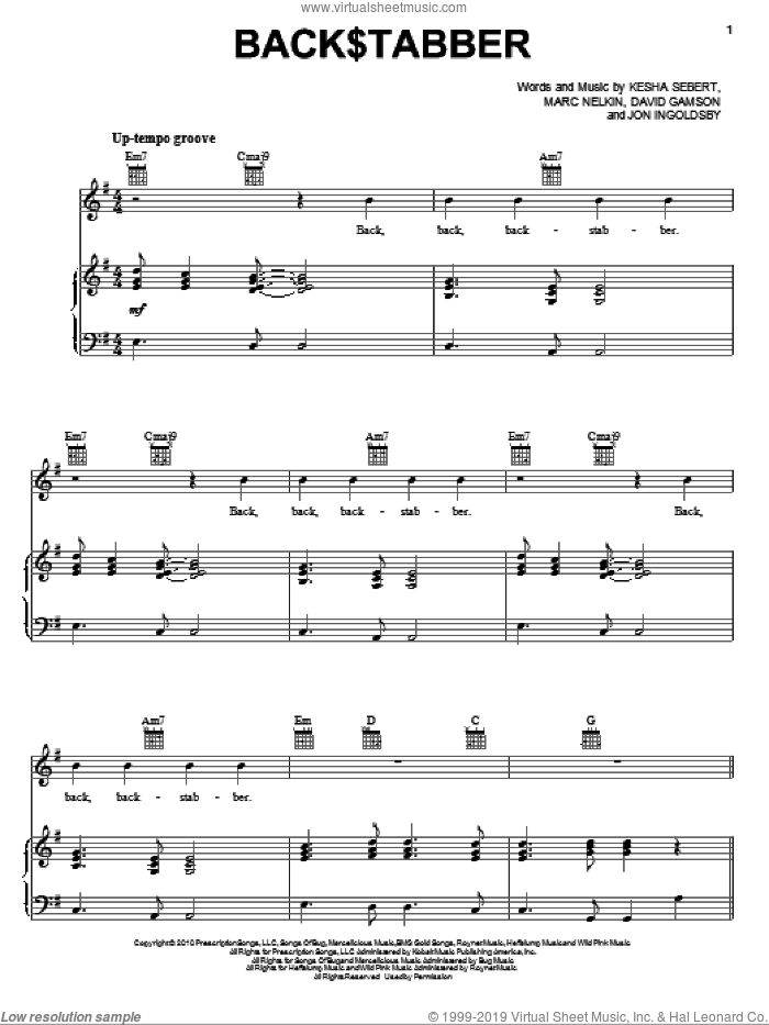 Back$tabber sheet music for voice, piano or guitar by Kesha, David Gamson, Jon Ingoldsby, Kesha Sebert and Marc Nelkin, intermediate skill level