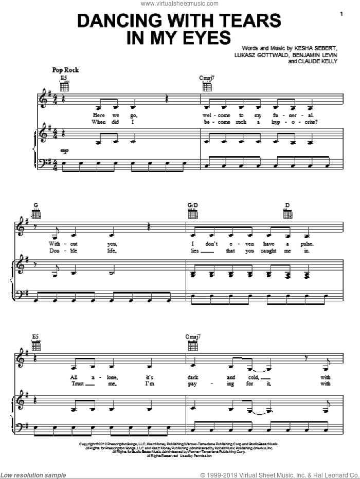 Dancing With Tears In My Eyes sheet music for voice, piano or guitar by Claude Kelly, Kesha, Benjamin Levin, Kesha Sebert and Lukasz Gottwald, intermediate skill level