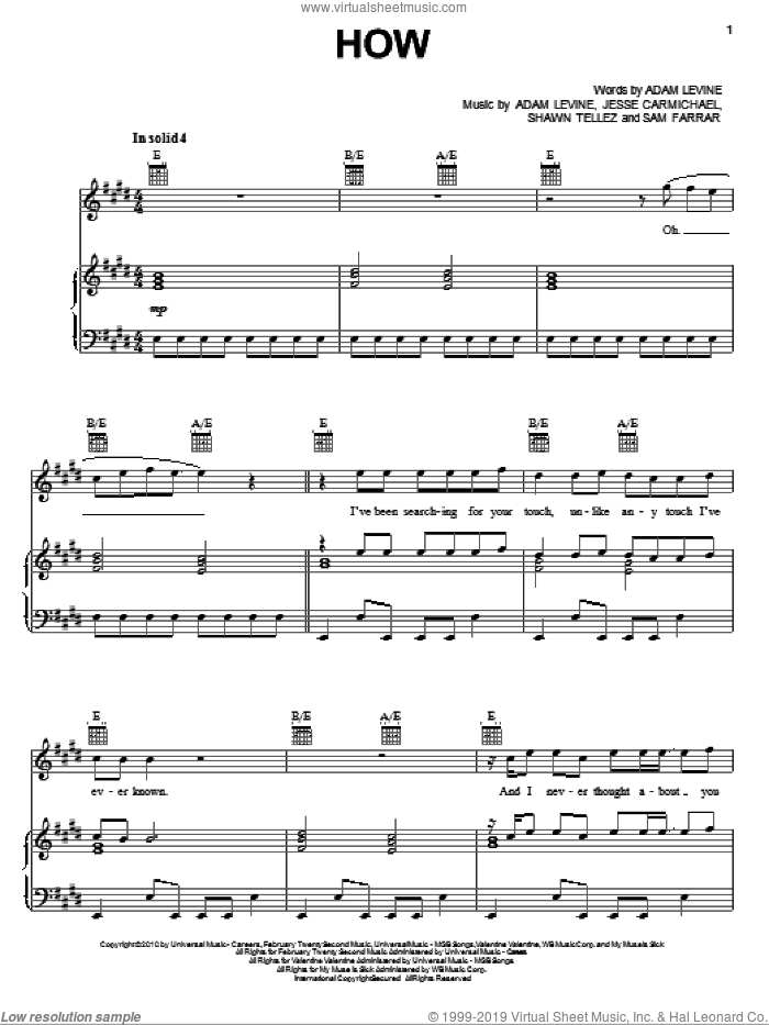 How sheet music for voice, piano or guitar by Maroon 5, Adam Levine, Jesse Carmichael, Sam Farrar and Shawn Tellez, intermediate skill level