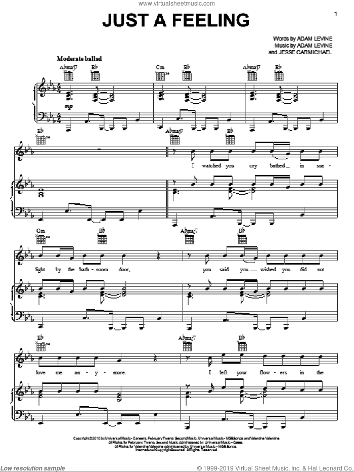 Just A Feeling sheet music for voice, piano or guitar by Maroon 5, Adam Levine and Jesse Carmichael, intermediate skill level