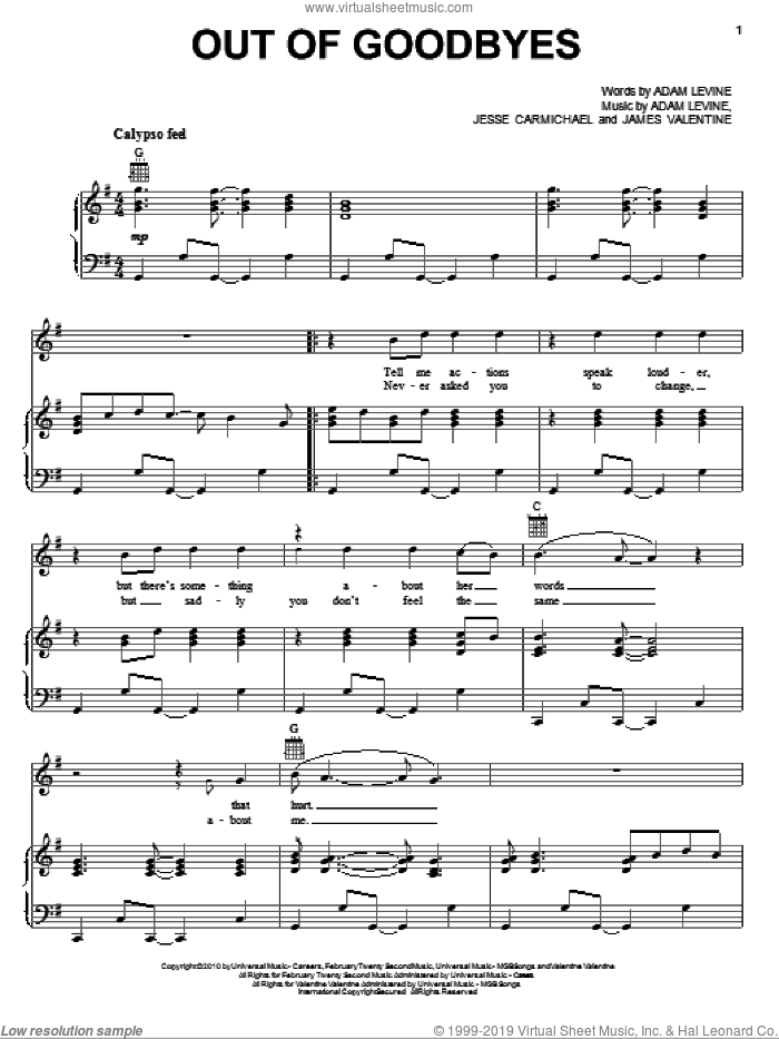Out Of Goodbyes sheet music for voice, piano or guitar by Maroon 5, Adam Levine, James Valentine and Jesse Carmichael, intermediate skill level
