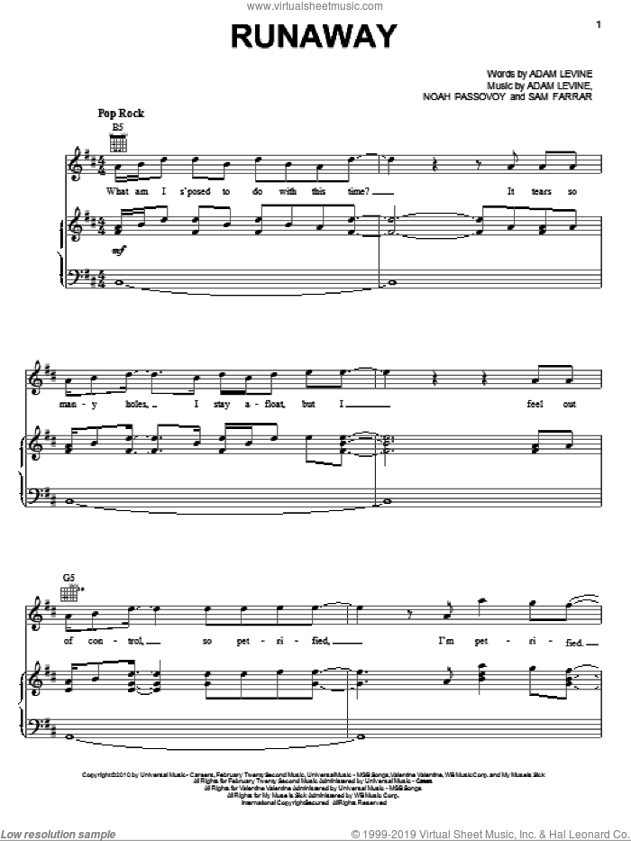 Runaway sheet music for voice, piano or guitar by Maroon 5, Adam Levine, Noah Passovoy and Sam Farrar, intermediate skill level