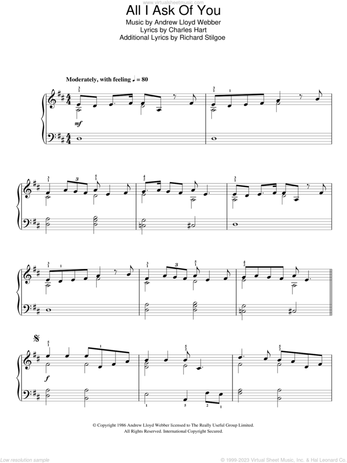 All I Ask Of You (from The Phantom Of The Opera) sheet music for piano solo by Andrew Lloyd Webber, The Phantom Of The Opera (Musical), Charles Hart and Richard Stilgoe, wedding score, easy skill level