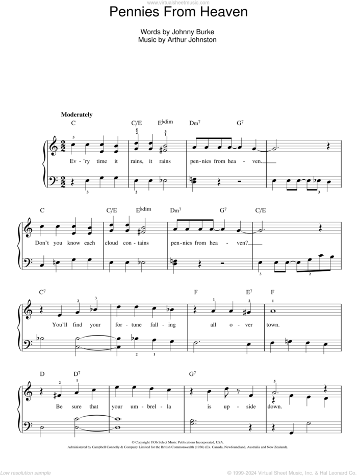 Pennies From Heaven, (easy) sheet music for piano solo by Bing Crosby, Arthur Johnston and John Burke, easy skill level