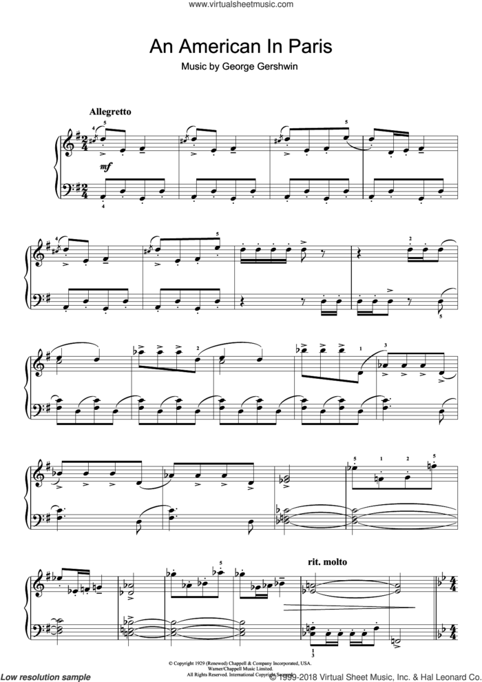 An American In Paris, (easy) sheet music for piano solo by George Gershwin, easy skill level