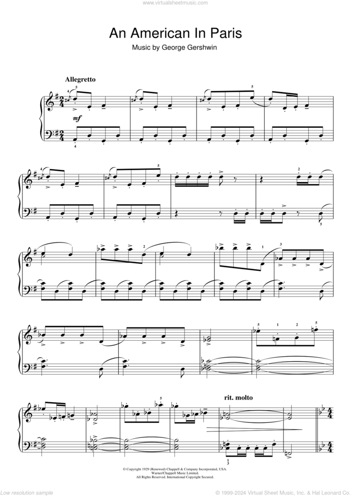 An American In Paris, (easy) sheet music for piano solo by George Gershwin, easy skill level