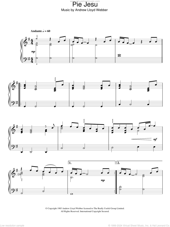 Pie Jesu sheet music for piano solo by Andrew Lloyd Webber, easy skill level