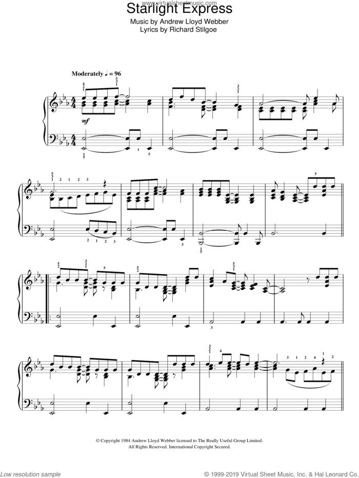 Starlight Express sheet music for piano solo by Andrew Lloyd Webber and Richard Stilgoe, easy skill level