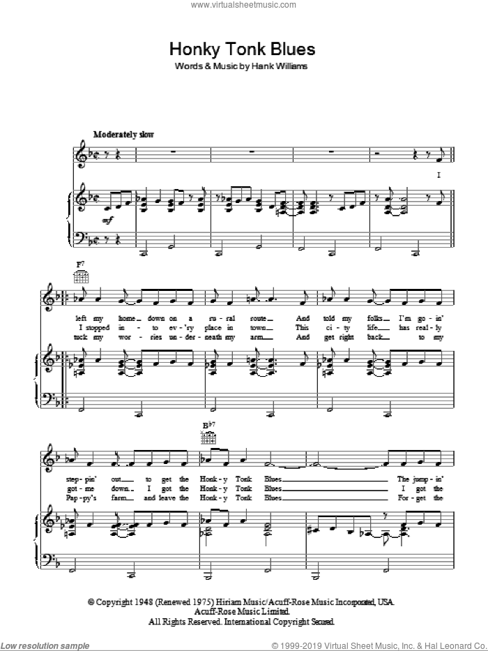 Honky Tonk Blues sheet music for voice, piano or guitar by Hank Williams, intermediate skill level