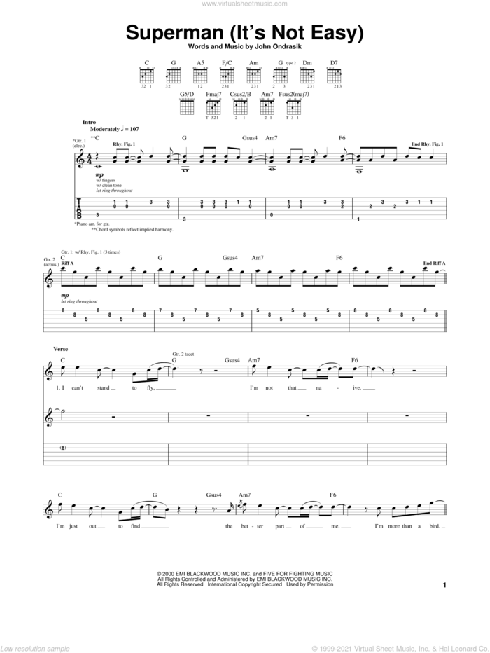 Superman (It's Not Easy) sheet music for guitar (tablature) by Five For Fighting and John Ondrasik, intermediate skill level