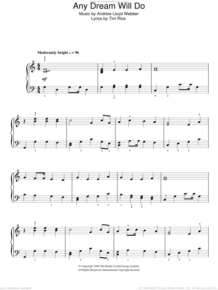 Any Dream Will Do sheet music for piano solo by Andrew Lloyd Webber, Joseph And The Amazing Technicolor Dreamcoat (Musical) and Tim Rice, easy skill level