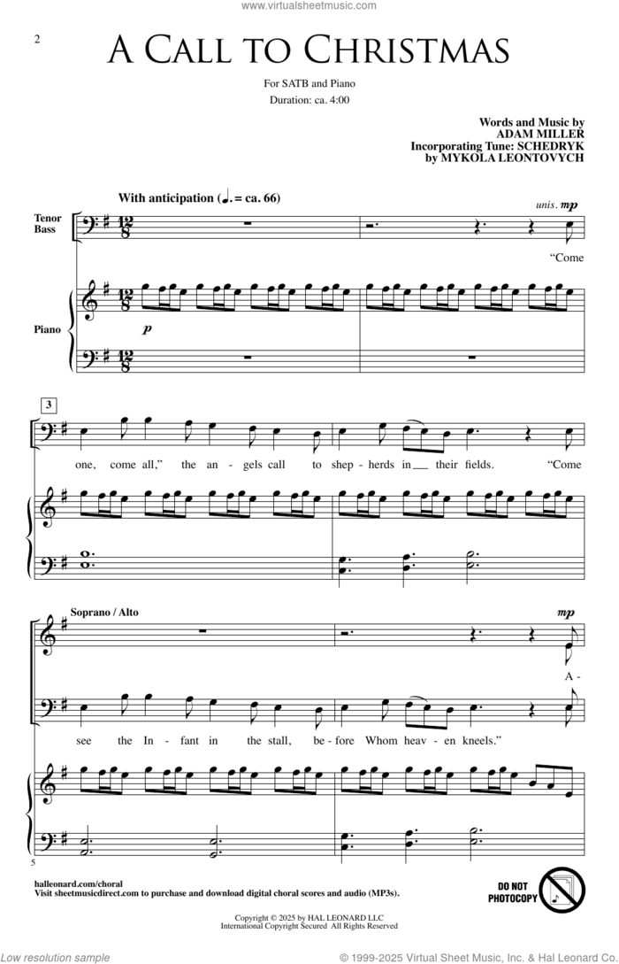 A Call To Christmas sheet music for choir (SATB: soprano, alto, tenor, bass) by Mykola Leontovych and Adam Miller, intermediate skill level