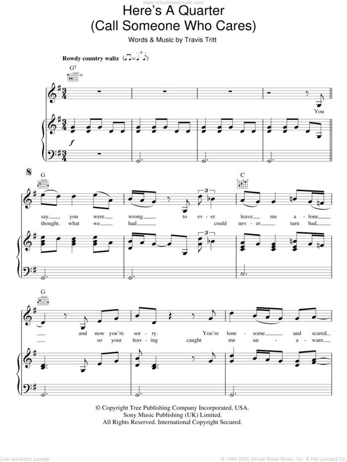 Here's A Quarter (Call Someone Who Cares) sheet music for voice, piano or guitar by Travis Tritt, intermediate skill level