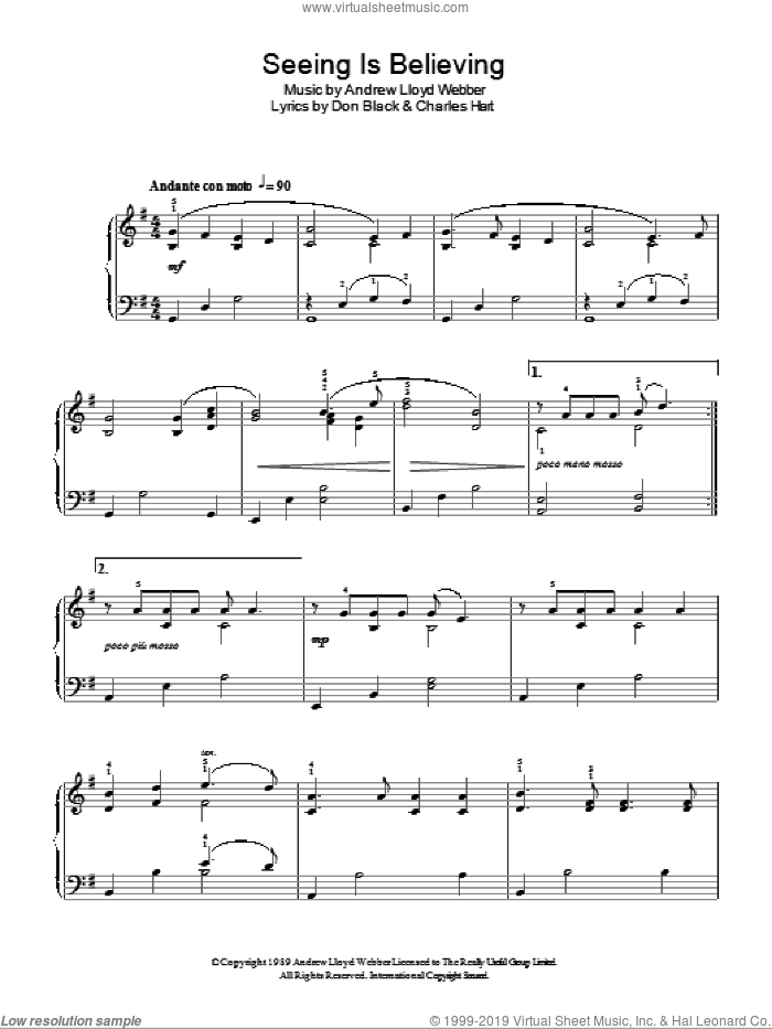 Seeing Is Believing (from Aspects of Love) sheet music for piano solo by Andrew Lloyd Webber, Aspects Of Love (Musical), Charles Hart and Don Black, easy skill level