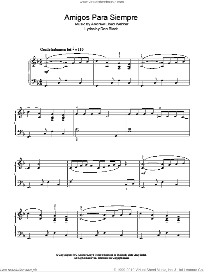 Amigos Para Siempre (Friends For Life), (easy) (Friends For Life) sheet music for piano solo by Andrew Lloyd Webber and Don Black, easy skill level