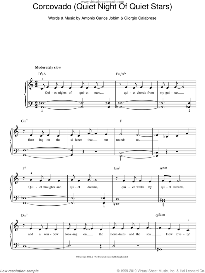Corcovado (Quiet Nights Of Quiet Stars) sheet music for piano solo by Antonio Carlos Jobim and Giorgio Calabrese, easy skill level