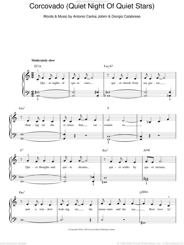 Corcovado (Quiet Nights Of Quiet Stars) sheet music for piano solo by Antonio Carlos Jobim and Giorgio Calabrese, easy skill level