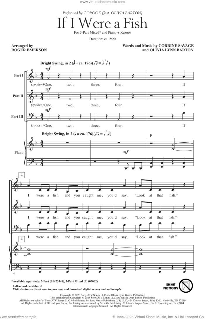 If I Were A Fish (arr. Roger Emerson) sheet music for choir (3-Part Mixed) by Corook, Roger Emerson, Corinne Savage and Olivia Barton, intermediate skill level