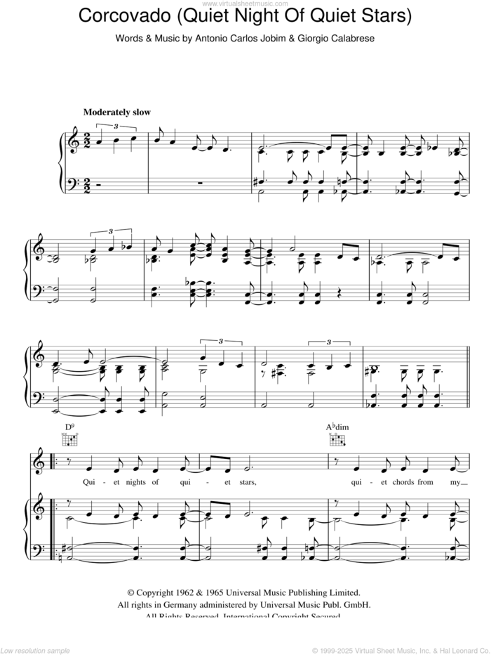 Corcovado (Quiet Nights Of Quiet Stars) sheet music for voice, piano or guitar by Antonio Carlos Jobim and Giorgio Calabrese, intermediate skill level