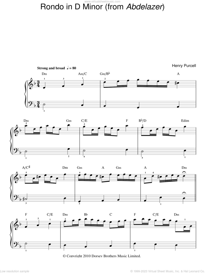 Rondeau in D Minor (from Abdelazer), (easy) sheet music for piano solo by Henry Purcell, classical score, easy skill level