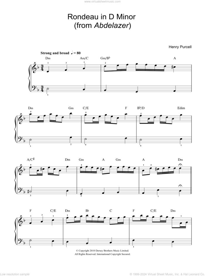 Rondeau in D Minor (from Abdelazer), (easy) sheet music for piano solo by Henry Purcell, classical score, easy skill level