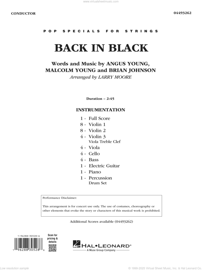 Back in Black (arr. Larry Moore) sheet music for orchestra (full score) by AC/DC, Larry Moore, Angus Young, Brian Johnson and Malcolm Young, intermediate skill level