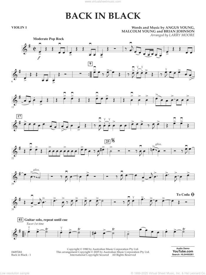Back in Black (arr. Larry Moore) sheet music for orchestra (violin 1) by AC/DC, Larry Moore, Angus Young, Brian Johnson and Malcolm Young, intermediate skill level