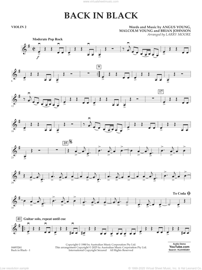Back in Black (arr. Larry Moore) sheet music for orchestra (violin 2) by AC/DC, Larry Moore, Angus Young, Brian Johnson and Malcolm Young, intermediate skill level