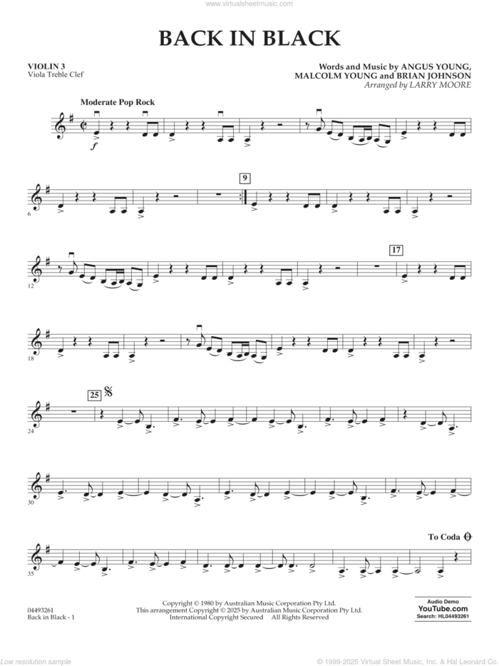 Back in Black (arr. Larry Moore) sheet music for orchestra (violin 3, viola treble clef) by AC/DC, Larry Moore, Angus Young, Brian Johnson and Malcolm Young, intermediate skill level