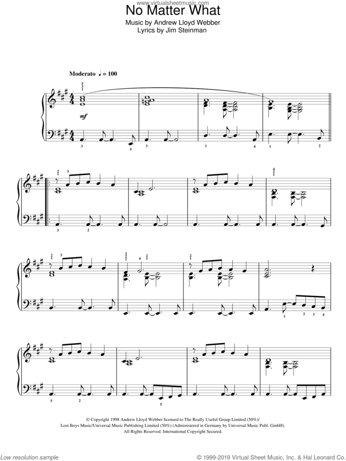 No Matter What sheet music for piano solo by Andrew Lloyd Webber, Boyzone, Whistle Down The Wind (Musical) and Jim Steinman, easy skill level
