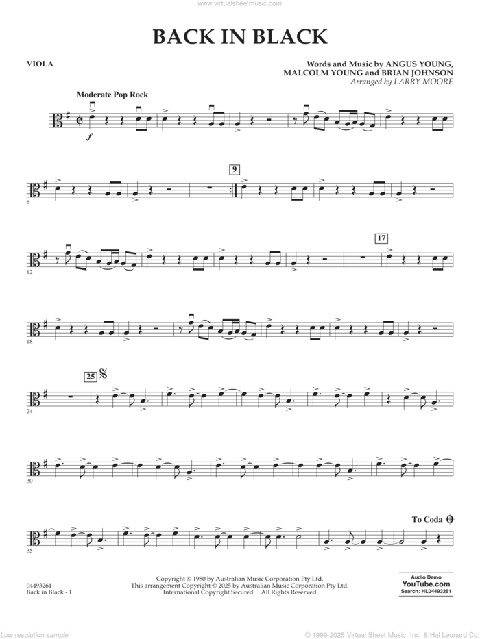 Back in Black (arr. Larry Moore) sheet music for orchestra (viola) by AC/DC, Larry Moore, Angus Young, Brian Johnson and Malcolm Young, intermediate skill level