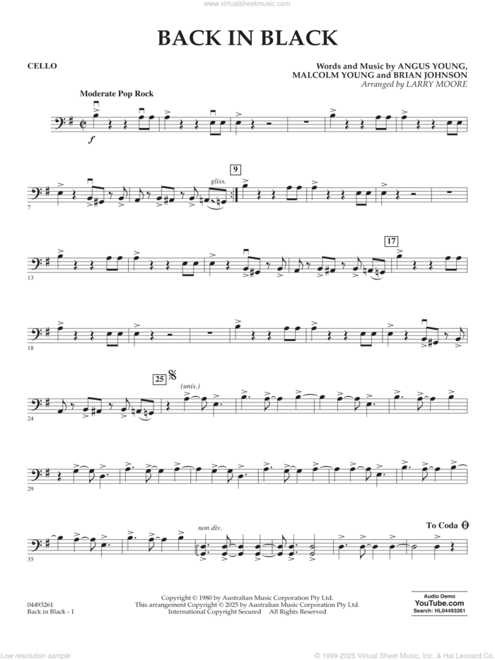 Back in Black (arr. Larry Moore) sheet music for orchestra (cello) by AC/DC, Larry Moore, Angus Young, Brian Johnson and Malcolm Young, intermediate skill level