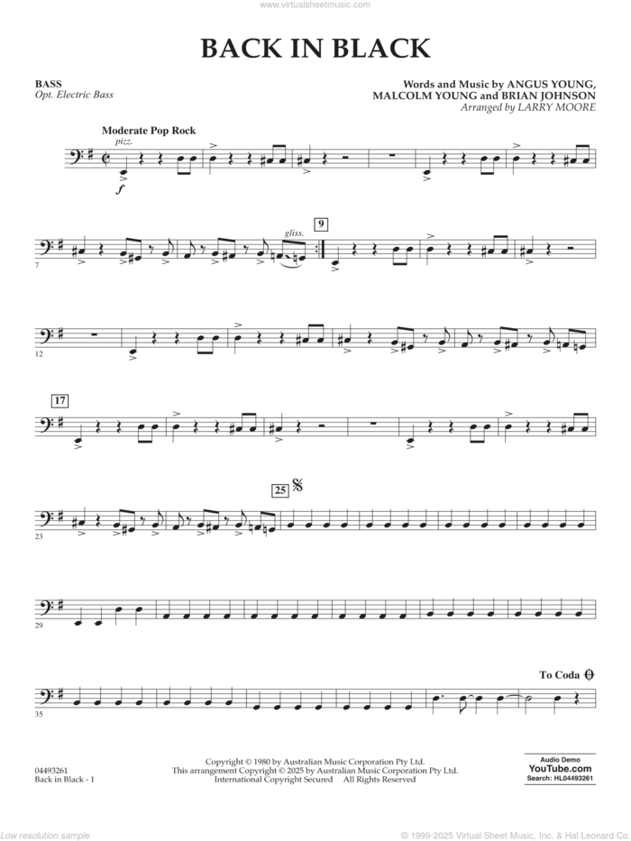 Back in Black (arr. Larry Moore) sheet music for orchestra (bass) by AC/DC, Larry Moore, Angus Young, Brian Johnson and Malcolm Young, intermediate skill level