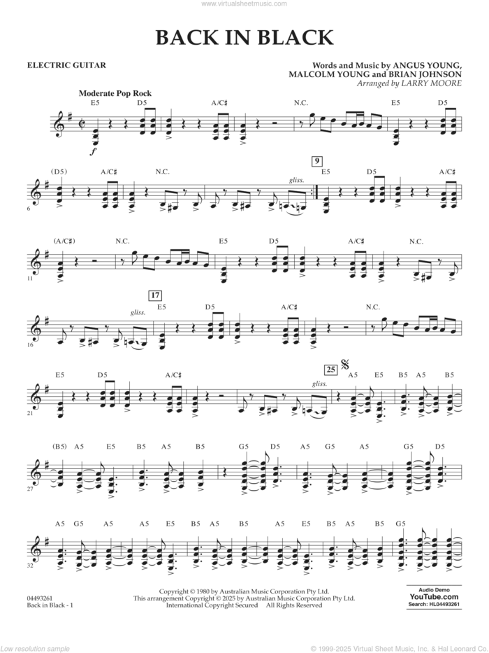 Back in Black (arr. Larry Moore) sheet music for orchestra (electric guitar) by AC/DC, Larry Moore, Angus Young, Brian Johnson and Malcolm Young, intermediate skill level