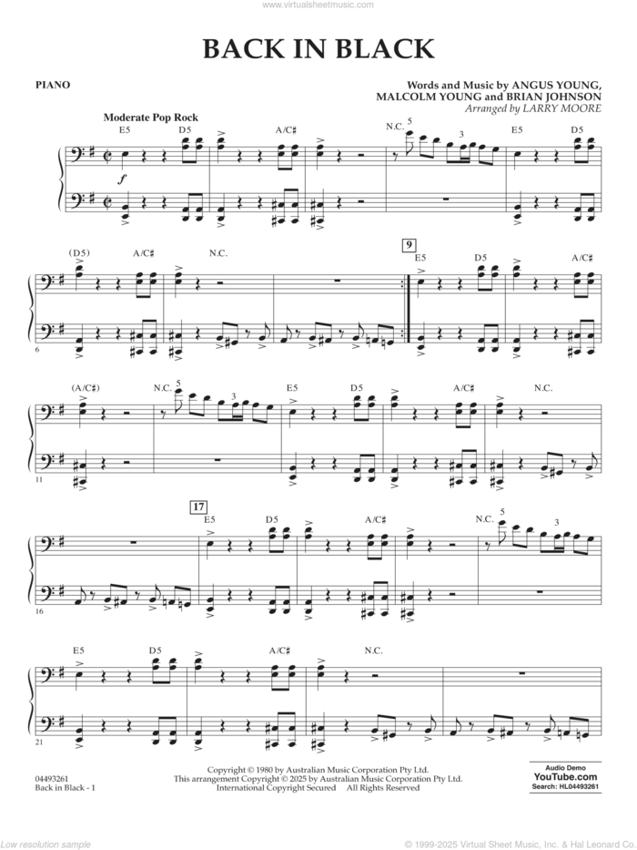 Back in Black (arr. Larry Moore) sheet music for orchestra (piano) by AC/DC, Larry Moore, Angus Young, Brian Johnson and Malcolm Young, intermediate skill level