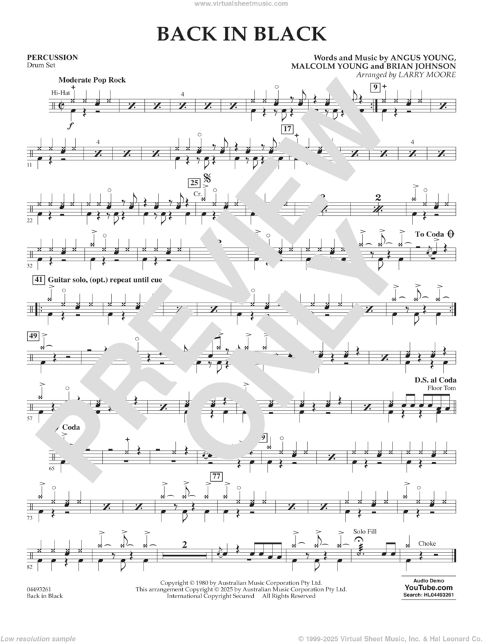 Back in Black (arr. Larry Moore) sheet music for orchestra (percussion) by AC/DC, Larry Moore, Angus Young, Brian Johnson and Malcolm Young, intermediate skill level