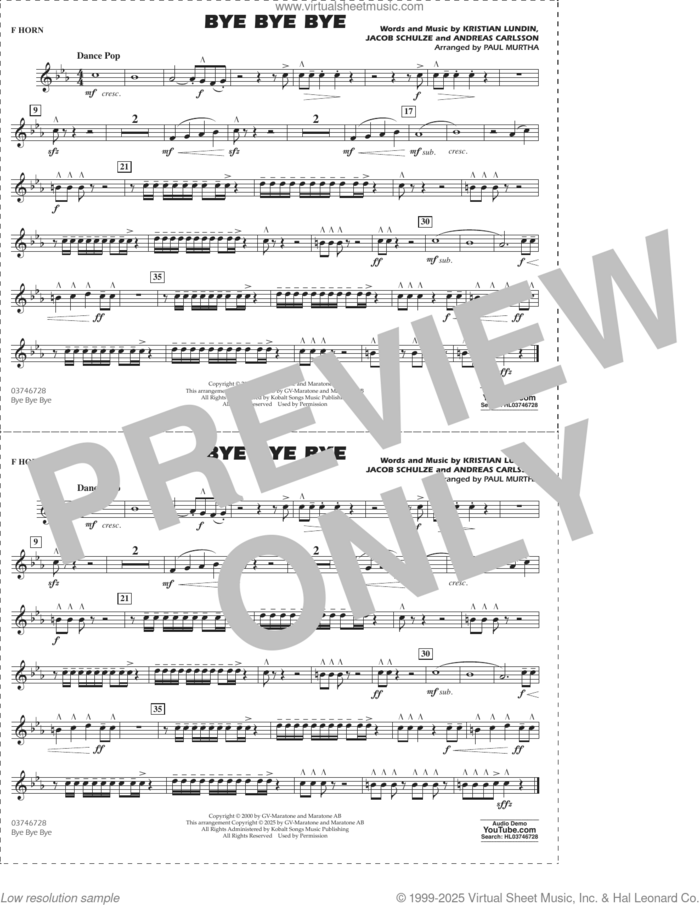 Bye Bye Bye (arr. Paul Murtha) sheet music for marching band (f horn) by 'N Sync, Paul Murtha, Andreas Carlsson, Jacob Schulze and Kristian Lundin, intermediate skill level