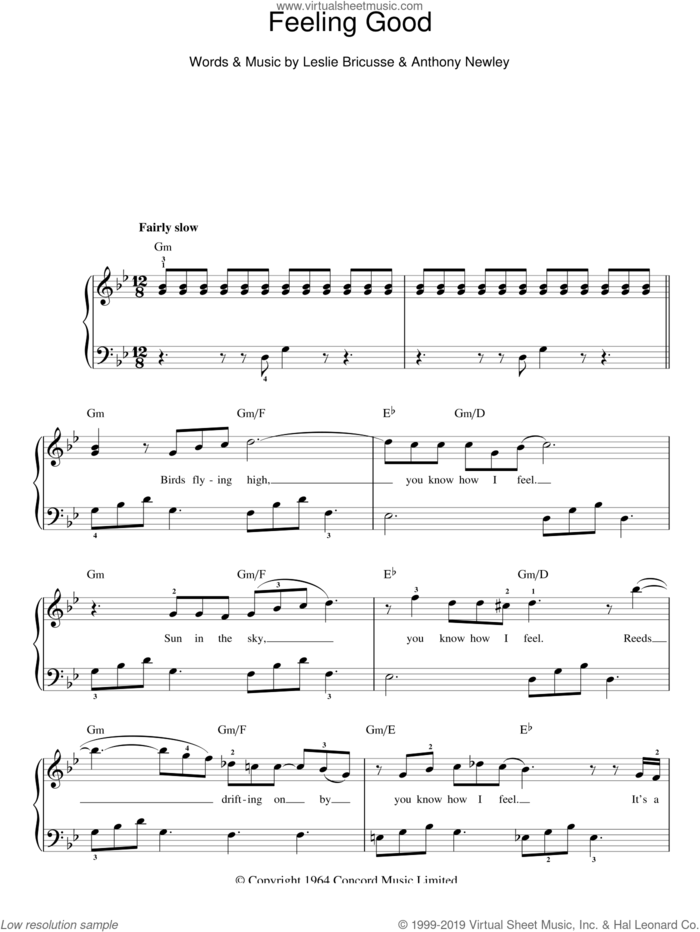 Feeling Good sheet music for piano solo by Nina Simone, Anthony Newley and Leslie Bricusse, easy skill level