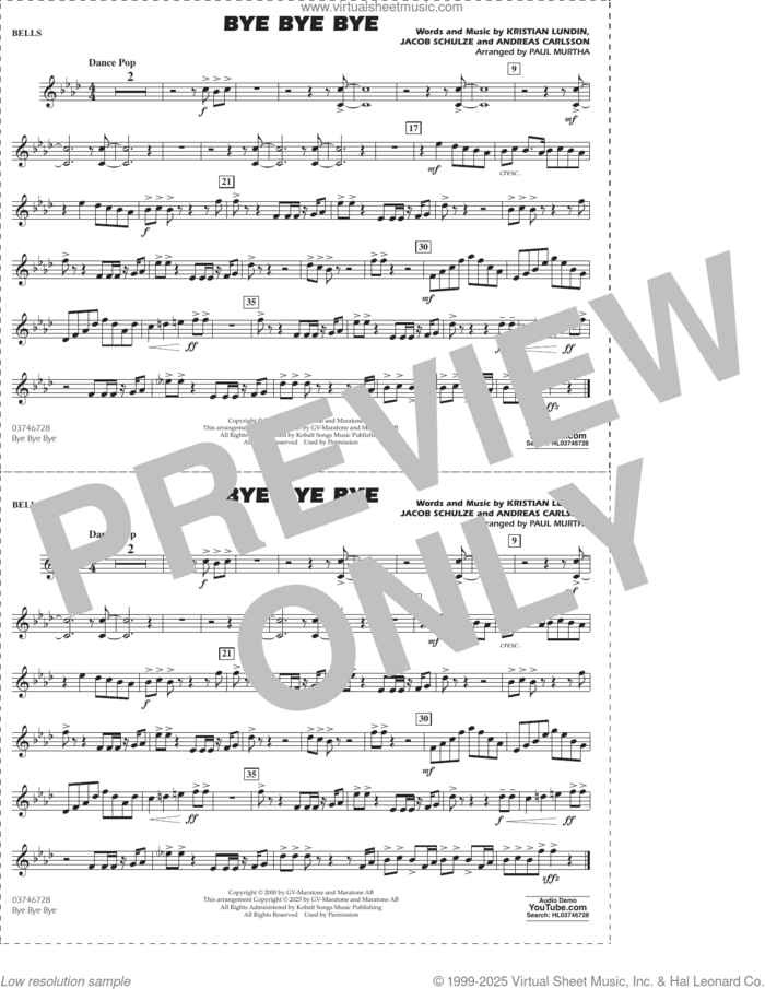 Bye Bye Bye (arr. Paul Murtha) sheet music for marching band (bells) by 'N Sync, Paul Murtha, Andreas Carlsson, Jacob Schulze and Kristian Lundin, intermediate skill level