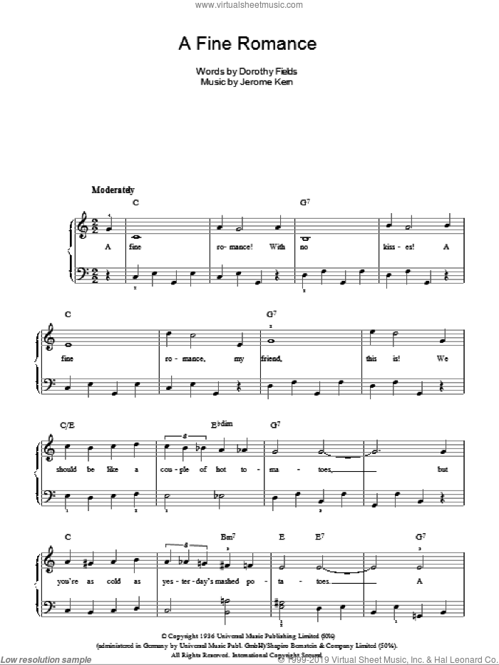 A Fine Romance sheet music for piano solo by Billie Holiday, Frank Sinatra, Dorothy Fields and Jerome Kern, easy skill level