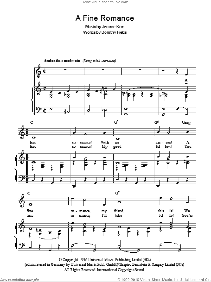 A Fine Romance sheet music for voice, piano or guitar by Billie Holiday, Frank Sinatra, Dorothy Fields and Jerome Kern, intermediate skill level