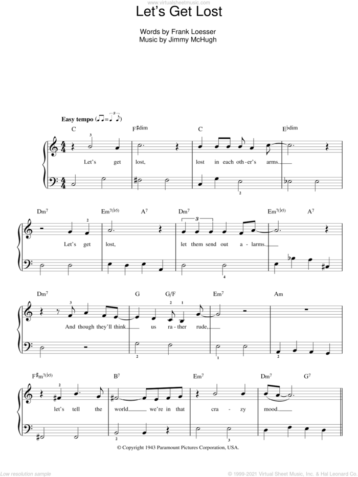 Let's Get Lost sheet music for piano solo by Chet Baker, Frank Loesser and Jimmy McHugh, easy skill level