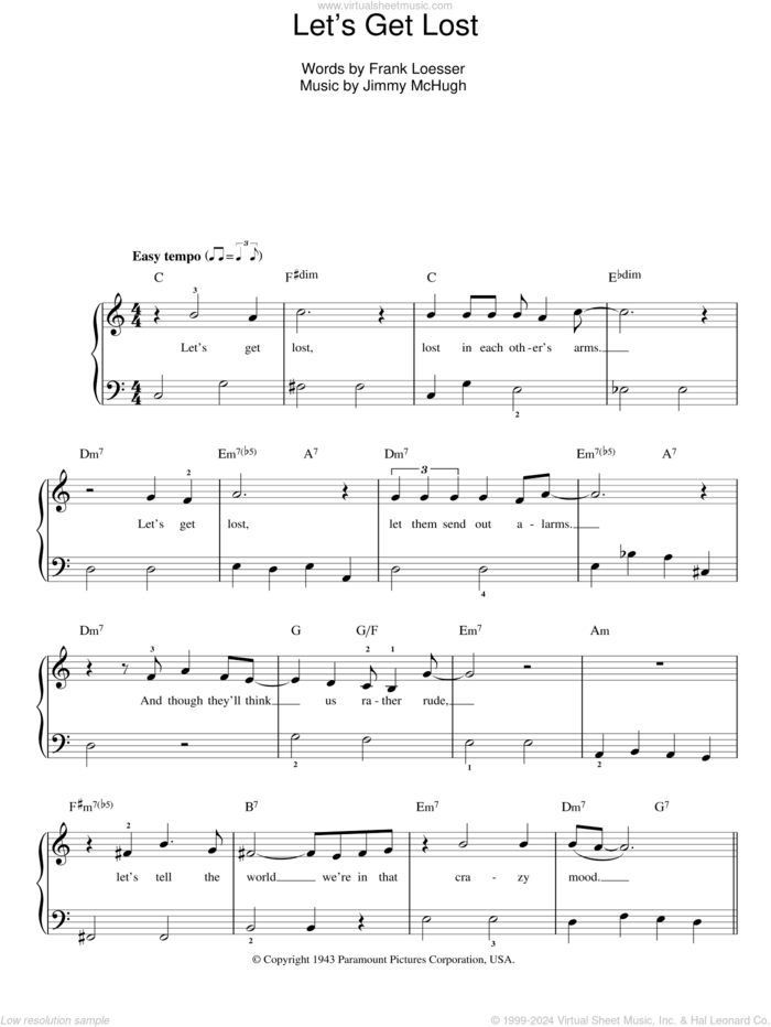 Let's Get Lost sheet music for piano solo by Chet Baker, Frank Loesser and Jimmy McHugh, easy skill level