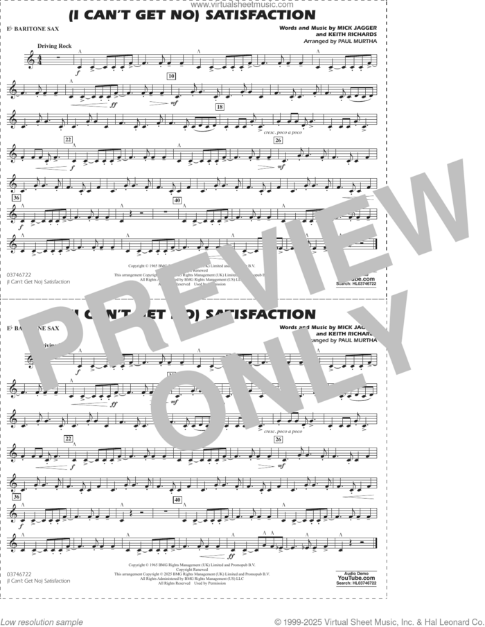 (I Can't Get No) Satisfaction (arr. Paul Murtha) sheet music for marching band (Eb baritone sax) by The Rolling Stones, Paul Murtha, Keith Richards and Mick Jagger, intermediate skill level