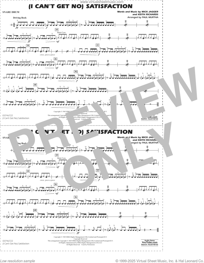 (I Can't Get No) Satisfaction (arr. Paul Murtha) sheet music for marching band (snare drum) by The Rolling Stones, Paul Murtha, Keith Richards and Mick Jagger, intermediate skill level