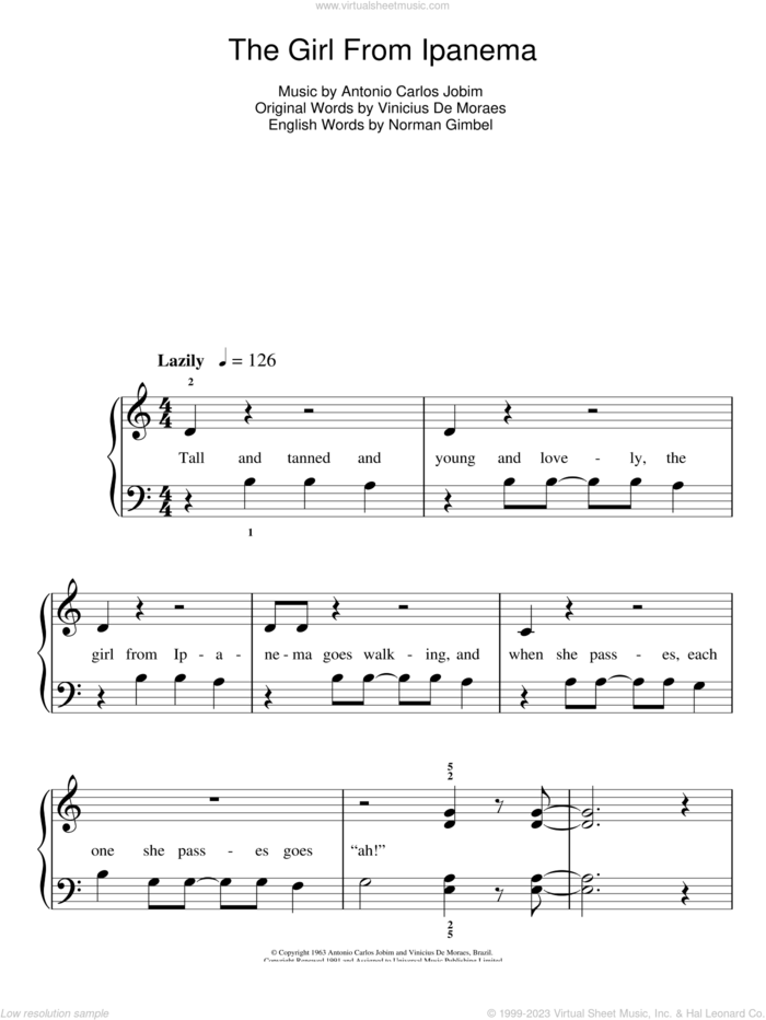 The Girl From Ipanema (Garota De Ipanema), (easy) (Garota De Ipanema) sheet music for piano solo by Antonio Carlos Jobim, Norman Gimbel and Vinicius de Moraes, easy skill level